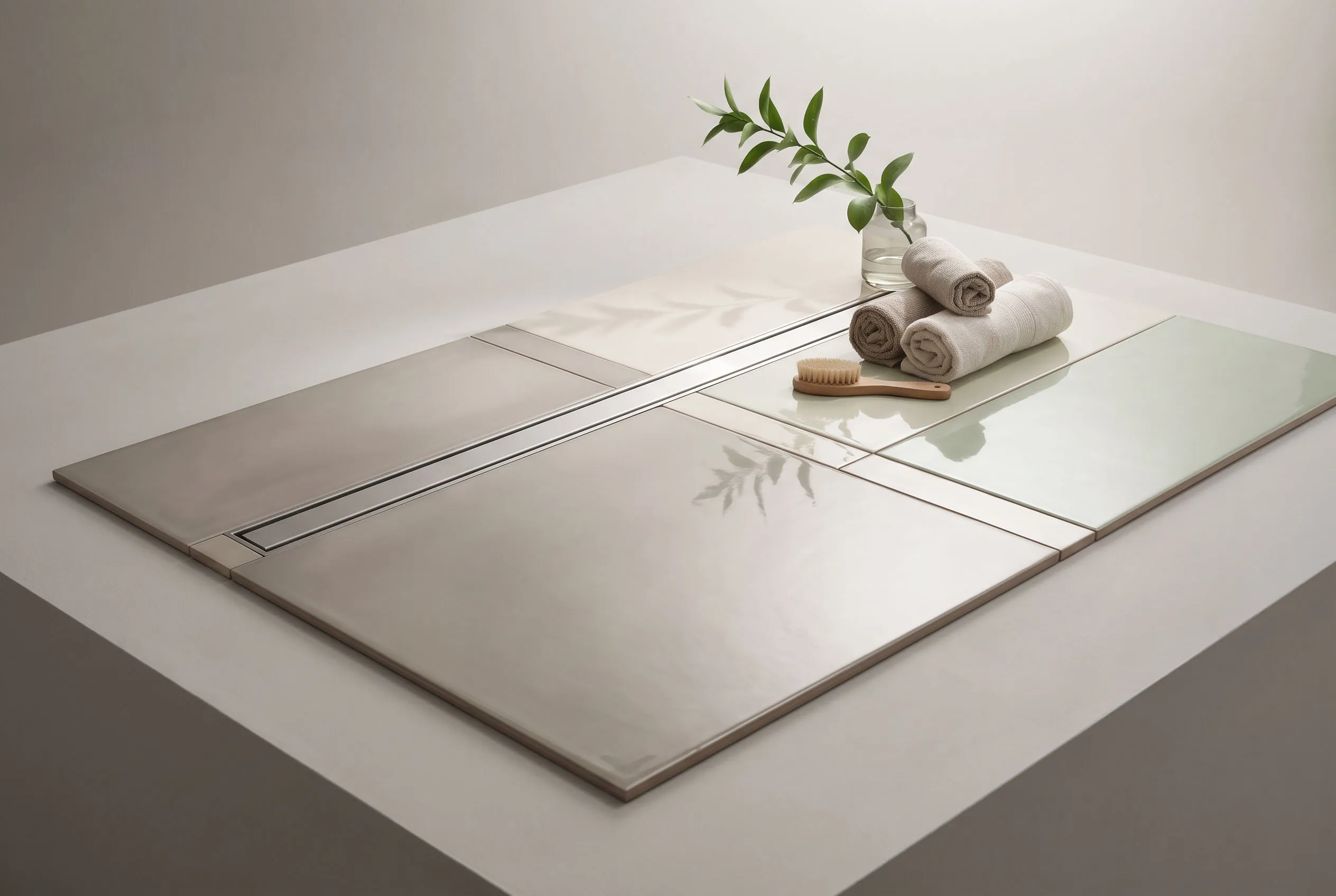 Large-format glossy tiles in soft greige, warm white and pale sage in a minimal composition with a subtle linear drain channel