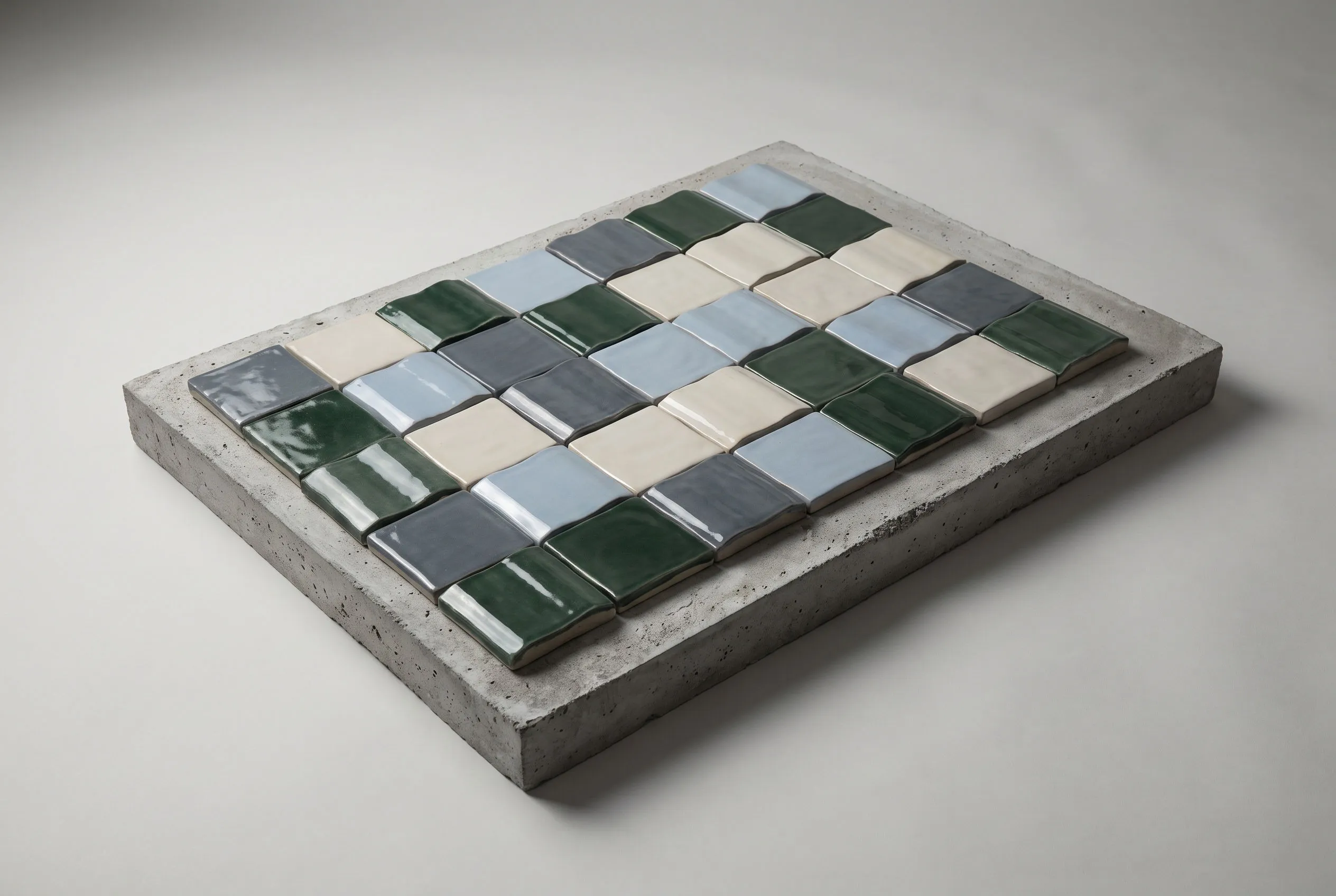 Cool-toned glossy tiles in forest green, slate grey and powder blue arranged in a grid on a raw concrete-textured surface