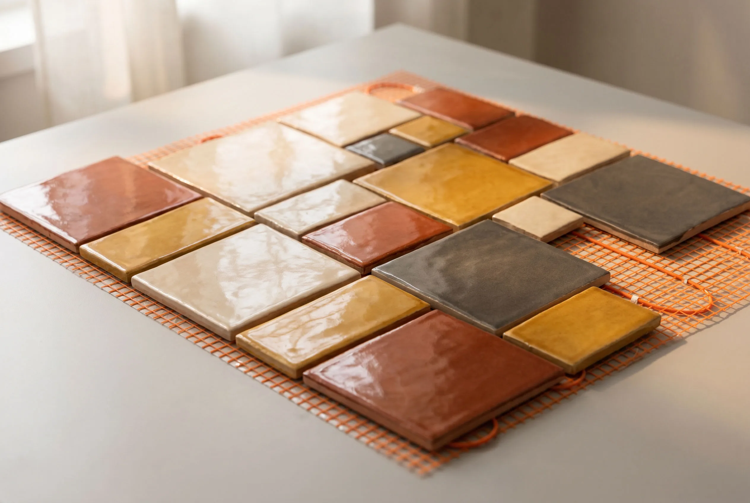 Warm-toned glossy ceramic tiles arranged over a bright orange electric floor-heating mat on a grey studio surface
