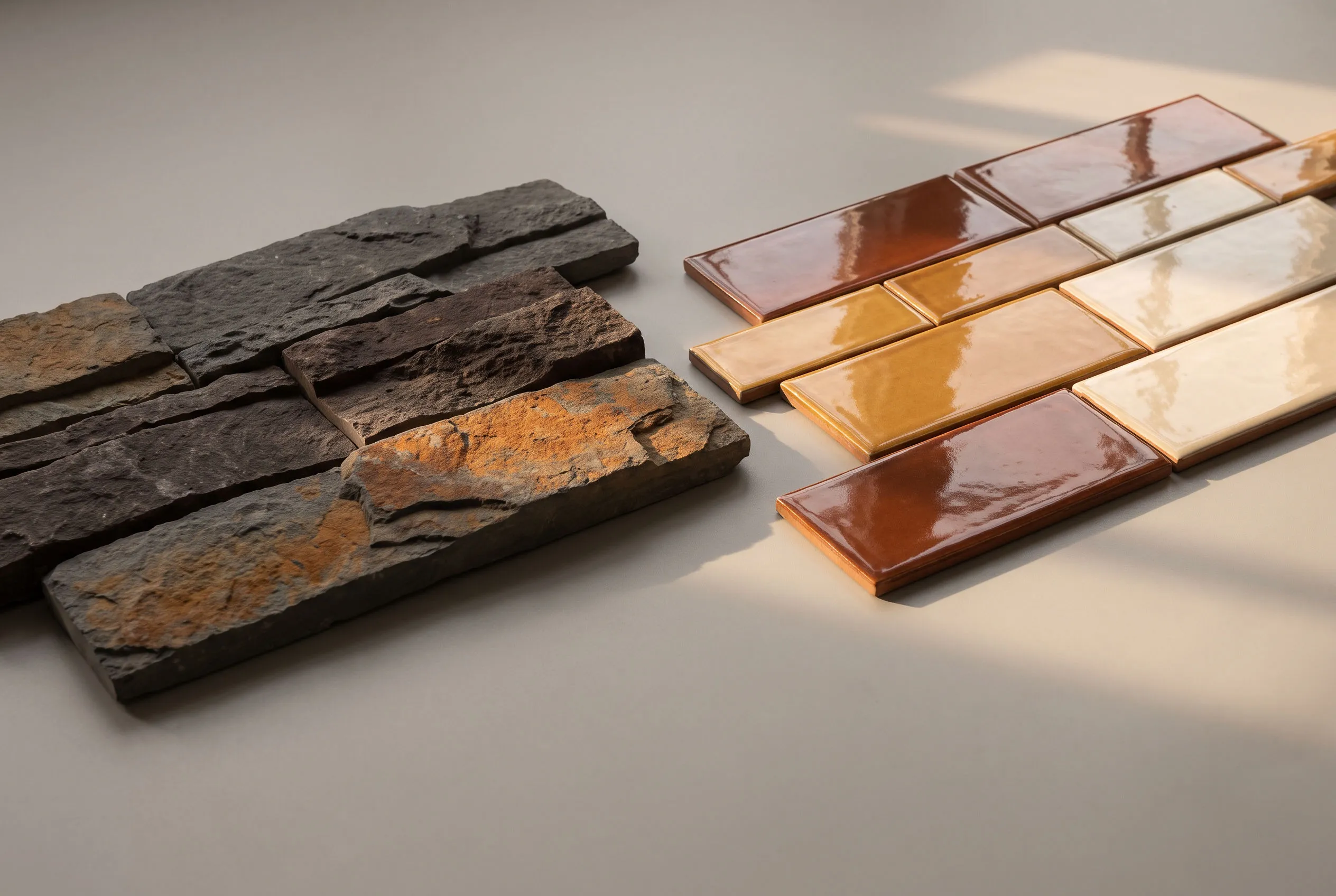 Layered grey and rust-toned Rundle ledgestone samples arranged beside warm glossy ceramic tiles on a grey studio surface