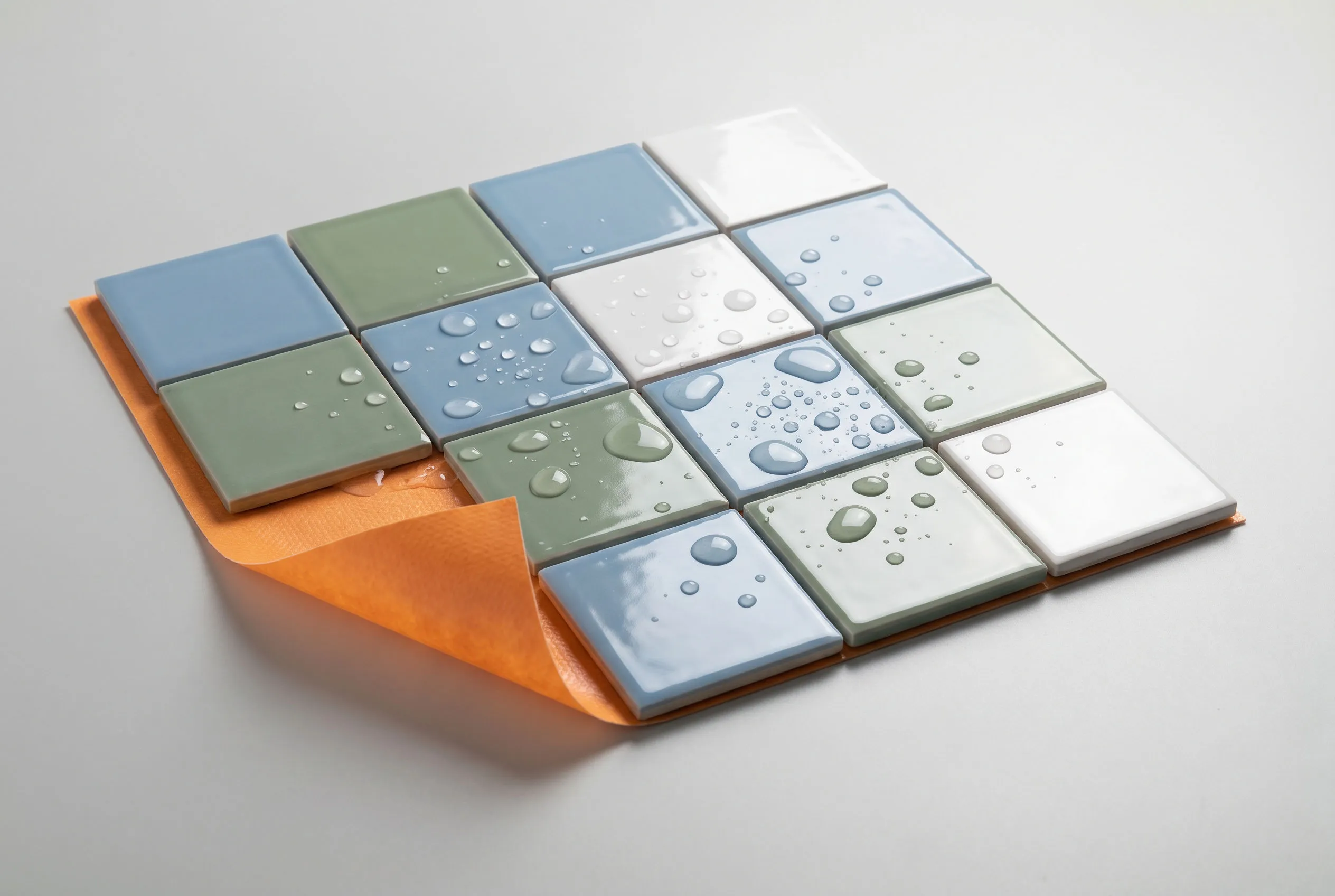 Glossy blue, sage and white tiles over a bright orange waterproofing membrane, with water droplets beading on the tile surface