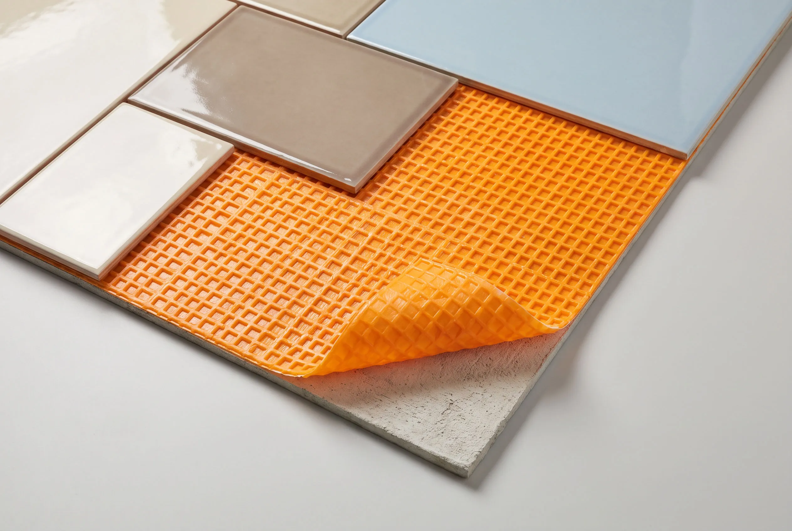 Glossy ceramic tiles lifted at an angle to reveal a bright orange DITRA uncoupling membrane with a square waffle grid underneath
